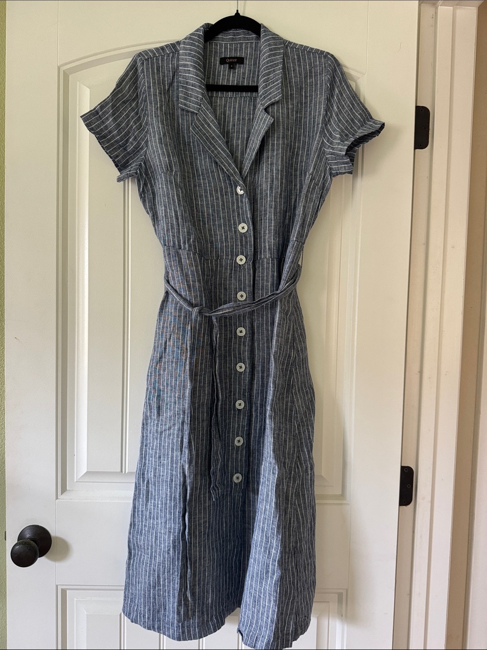 NWOT Quince Blue and White Striped Button-Front Midi Dress